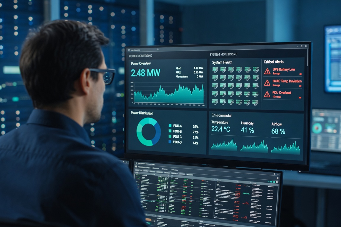 An IT administrator at a monitoring workstation reviewing power and system dashboards