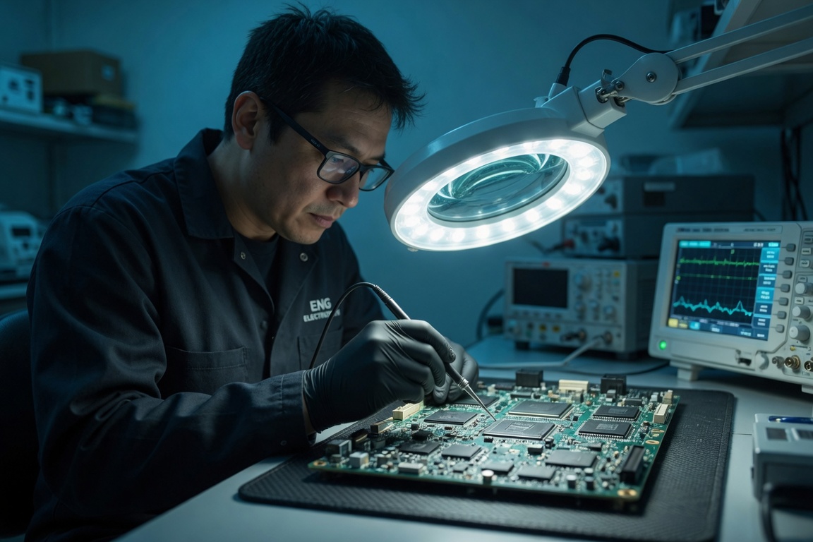 An electronics engineer at a lab bench inspecting a populated circuit board under a bench light