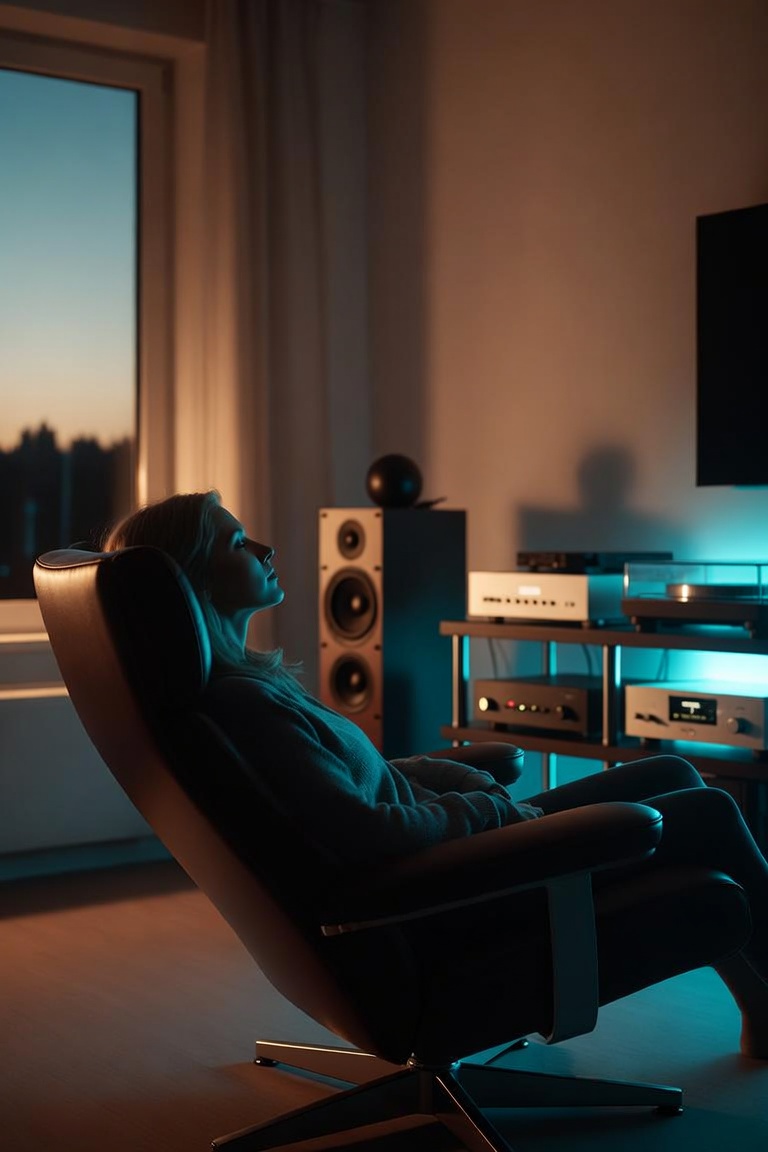 A listener relaxing in a home listening room with hi-fi equipment glowing softly nearby