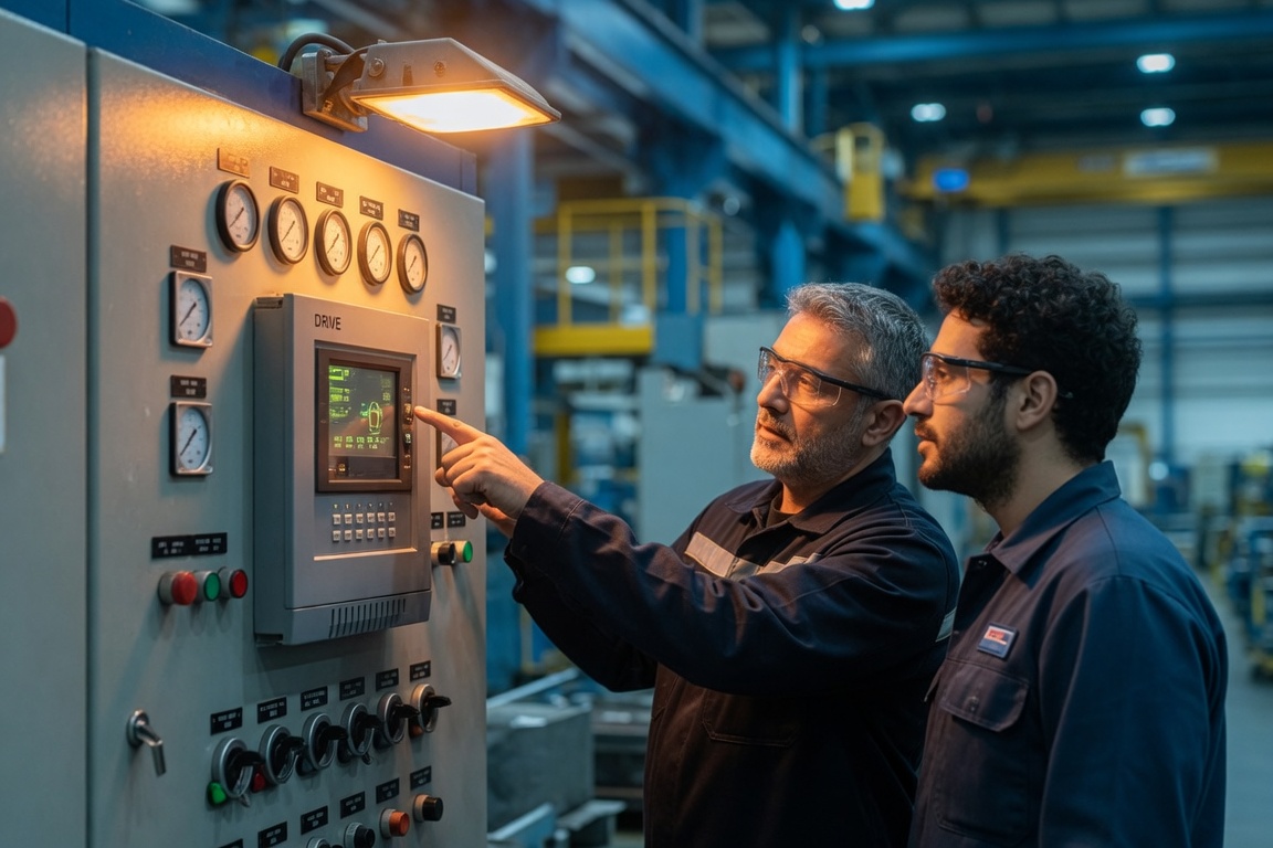 A maintenance engineer and a plant operator examining a control panel together on a factory floor