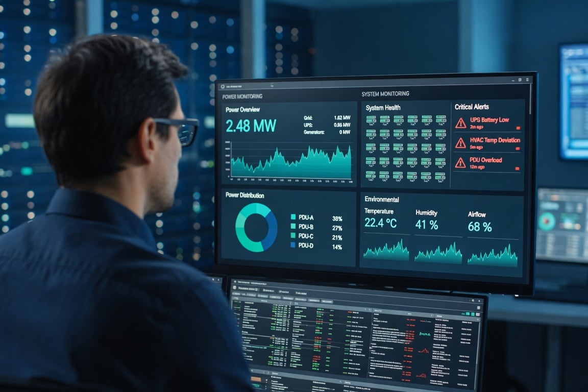An IT administrator at a monitoring workstation reviewing power and system dashboards